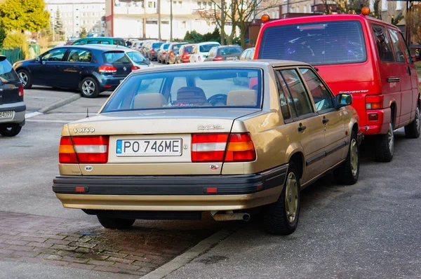 Poznan Poland Feb 2015 Parked Classic Saab Car Sidewalk City — Stock Photo, Image