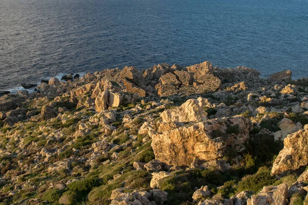 マルタのMelliehaの北海岸に沿って傾斜した崖のふもとにある石灰岩の岩の塊のスクリーン 風化と浸食の証拠 — ストック写真