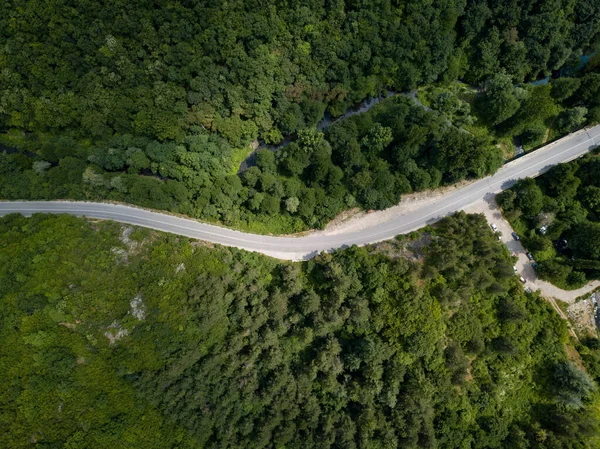 Вид Воздуха Проселочную Дорогу Окруженную Пышным Зеленым Лесом — стоковое фото