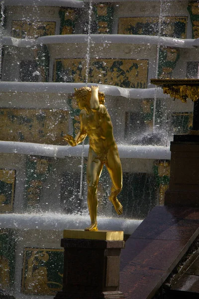 Close Uma Bela Estátua Ouro Perto Fonte Palácio Peterhof São — Fotografia de Stock