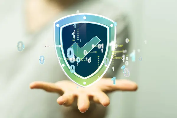 Una Mano Sosteniendo Renderizado Escudo Ciberseguridad Azul Verde — Foto de Stock