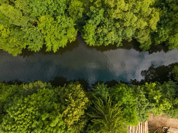 Αεροφωτογραφία Ενός Ποταμού Ένα Καταπράσινο Δάσος — Φωτογραφία Αρχείου