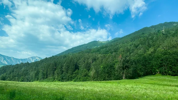 Una Hermosa Vista Las Colinas Cubiertas Vegetación Montañas Suiza — Foto de Stock