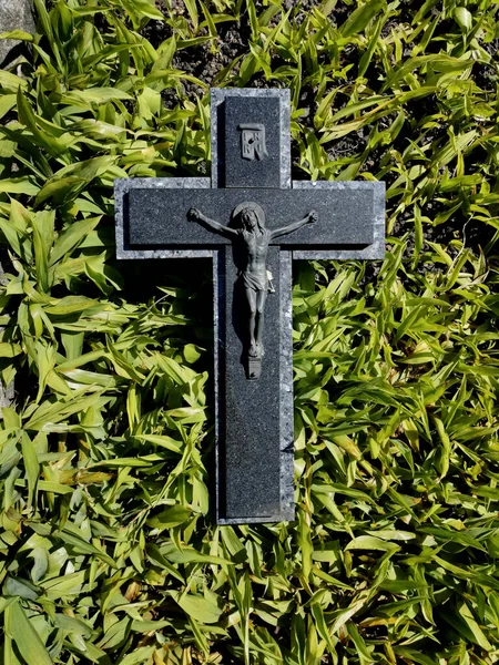 一张与耶稣在草地背景上交叉的特写照片 — 图库照片