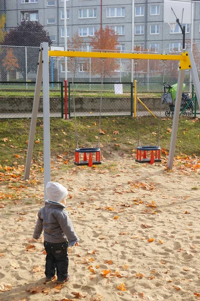 Poznan Poland Nov 2015 Small Cute Baby Boy Standing Swing — Stock Photo, Image