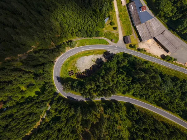 Uma Vista Aérea Das Estradas Que Atravessam Floresta Verde — Fotografia de Stock