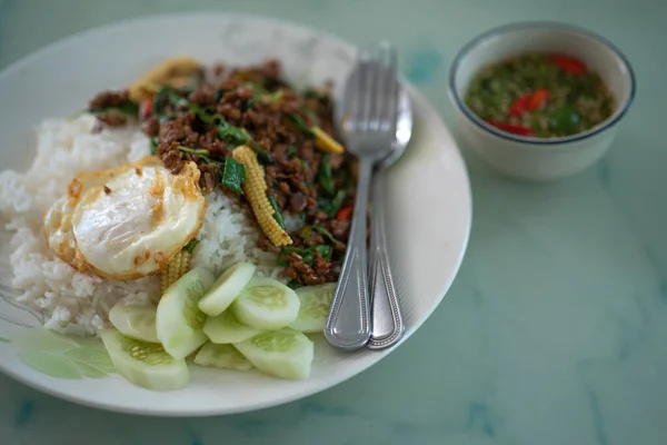 Sepiring Daging Sapi Lezat Cabai Dan Kemangi Dengan Telur Goreng — Stok Foto