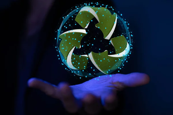 Ręka Mężczyzny Trzymająca Trójwymiarowe Renderowanie Śladów Recyklingu Ekologia — Zdjęcie stockowe