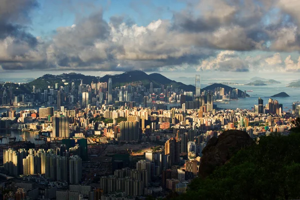 Letecká Krásná Městská Krajina Hongkongu Pod Zataženou Modrou Oblohou Číně — Stock fotografie