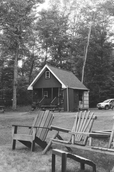 房子和森林背景上灰色的木制躺椅 — 图库照片