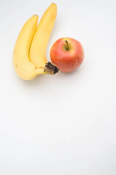 Färska Och Friska Frukter Vit Yta Äpple Och Banan — Stockfoto