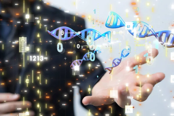 Businessman Holding Render Dna Sequences Binary Code — Stock Photo, Image