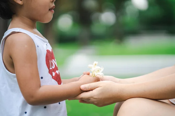 Een Prachtig Schot Van Moeder Houdt Een Schattig Kind Handen — Stockfoto