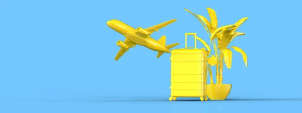 飞机和代表旅行概念的手提箱的三维渲染 — 图库照片