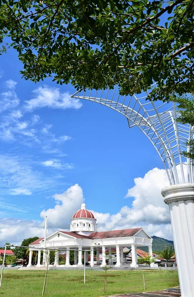 青い空の下に緑のフィールドを持つ白い寺院の垂直ショット — ストック写真