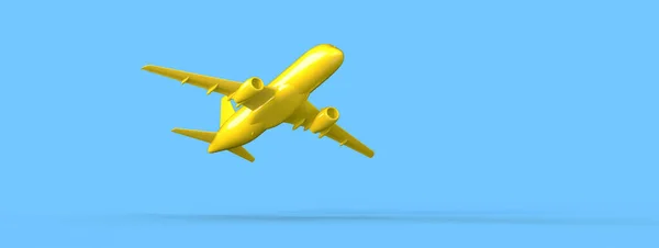 Рендеринг Летающего Желтого Самолета Изолированного Синем Фоне — стоковое фото