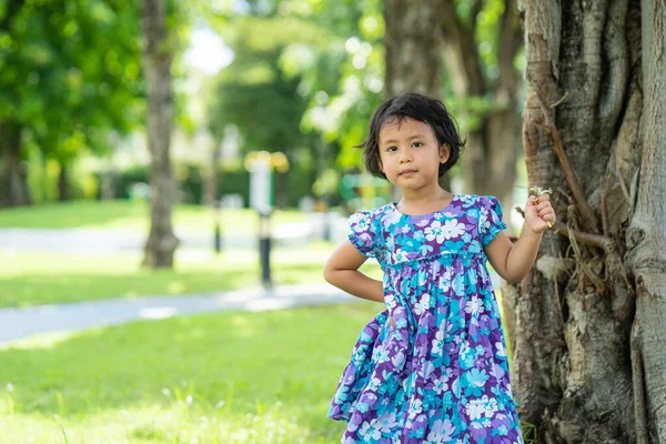 Parkta Mavi Elbiseli Şirin Bir Güney Asyalı Çocuğun Yakın Çekimi — Stok fotoğraf