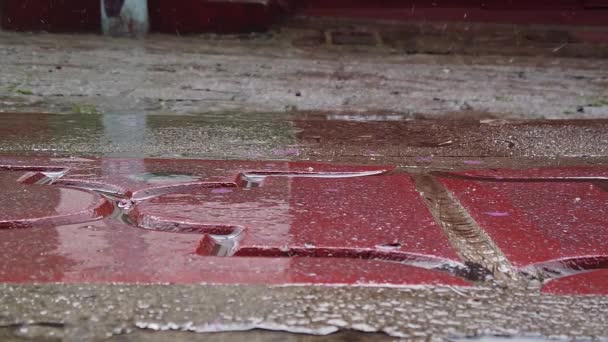 Nagranie Deszczowej Pogody Mieście Kałuże Chodniku — Wideo stockowe