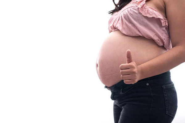 Primer Plano Una Mujer Embarazada Mostrando Gesto Como Con Mano — Foto de Stock