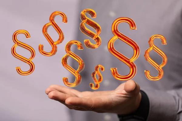 Lawyer Holding Floating Network Law Justice Symbols — Stock Photo, Image