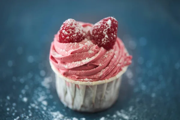Close Cupcake Rosa Com Framboesas Frescas Creme Morango Fundo Turvo — Fotografia de Stock