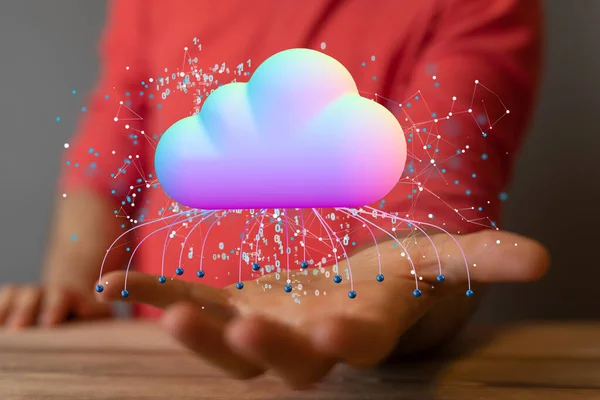 A 3D rendered cloud data storage held in a person\'s hand