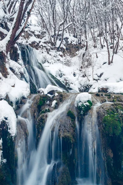 Een Prachtige Verticale Opname Van Gostilje Watervallen Servië Een Ijskoude — Stockfoto