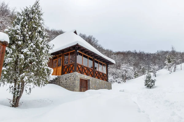 Neat Little Cabin Its Roof Covered Thick Snow Zlatibor Mountains — Stock Photo, Image