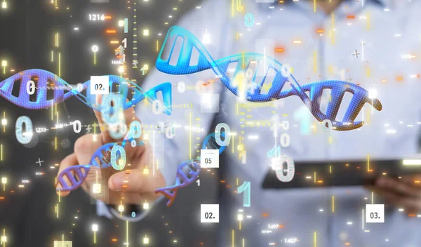 Affärsman Som Håller Återgivning Dna Sekvenser Och Binär Kod — Stockfoto