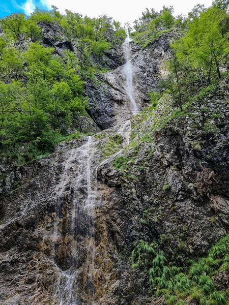 Cascata Che Scende Dalle Montagne Rocciose Con Alberi — Foto Stock