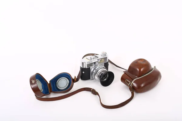 Een Close Opname Van Een Oude Fotocamera Zijn Apparatuur Geïsoleerd — Stockfoto