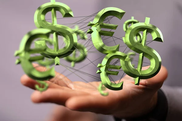 Hand Van Een Zakenman Met Zwevende Groene Dollar Euro Teken — Stockfoto