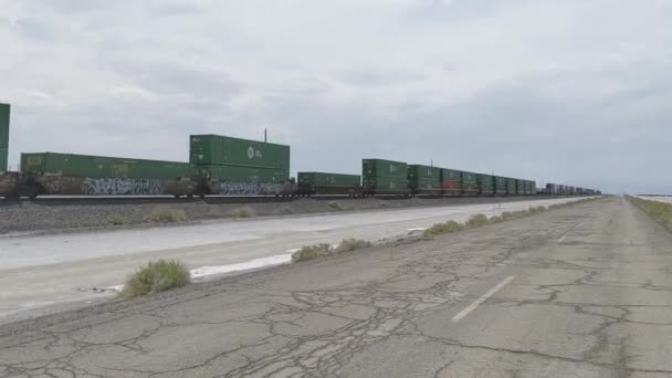 Footage Freight Train Passing Empty Road Cloudy Day — Stock video