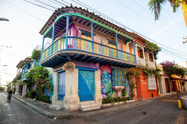 CARTAGENA, COLOMBIA - Jul 26, 2021: A colorful and historic building in the hip Getsemani district of Cartagena, Colombia clipart