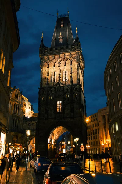 Praga Czeska Republika Gru 2017 Niski Kąt Historycznej Wieży Prochowej — Zdjęcie stockowe