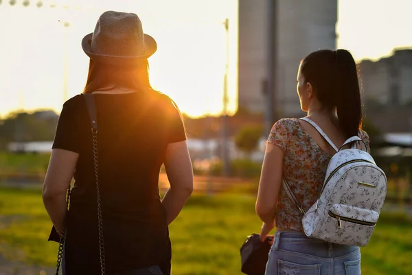 Een Achterste Foto Van Twee Vrouwtjes Staand Het Park — Stockfoto