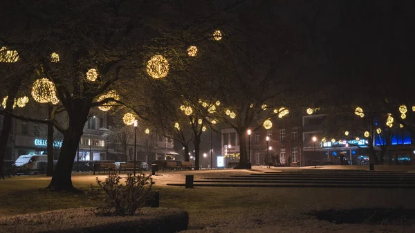 Wide View Illuminated Park Snow Lights Snowy Night — Stock Photo, Image