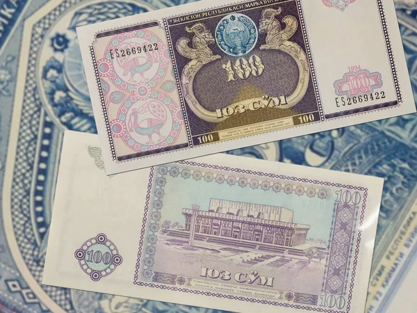 Una Vista Dall Alto Delle Banconote Uzbekistane Som Isolate Sullo — Foto Stock