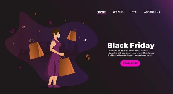 医療用マスクやバッグの女性と黒の金曜日のための紫色のウェブサイトテンプレートのイラスト — ストック写真