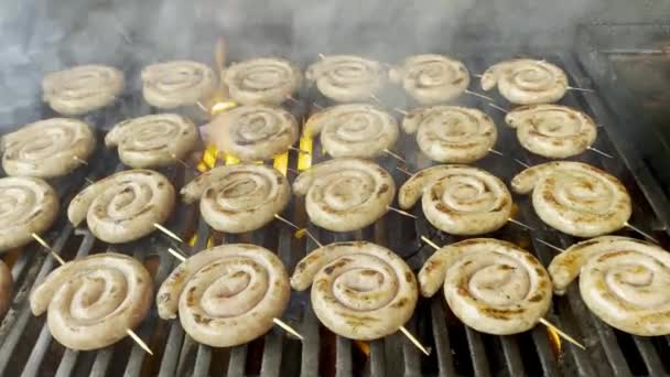 Close Footage Rolled Sausages Preparing Grill — Stok video