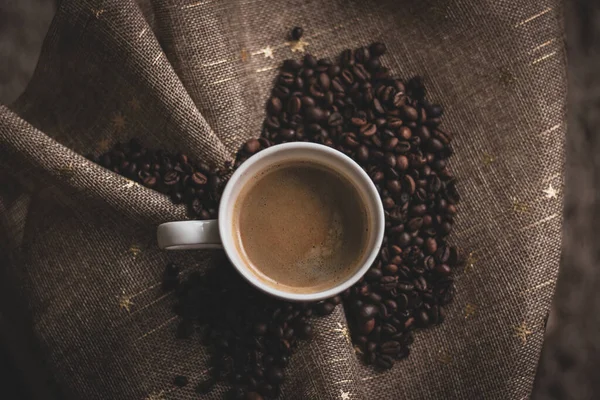 Top View Cup Coffee Beans Piece Fabric — Stock Photo, Image