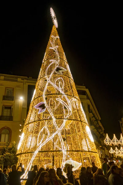 Malaga Spain Dec 2019 Vertical Shot Bright Christmas Tree Evening — Stock Photo, Image