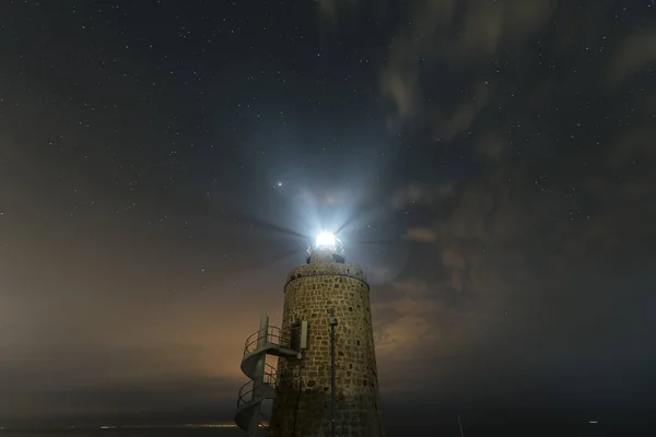 Bright Lamp Glowing Faro Camarinal Lighthouse Night Spain — Stock Photo, Image