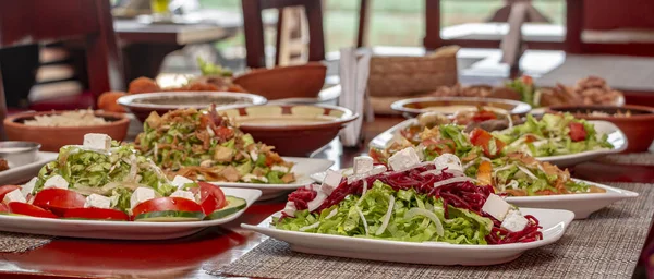 Una Deliziosa Diffusione Insalate Tradizionali Mediorientali Servite Ristorante — Foto Stock