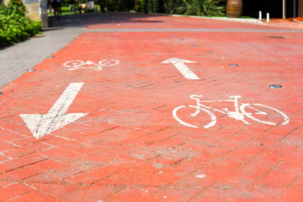 Close up view of a Red bicycle lane with two-way arrows and two cycles pictures