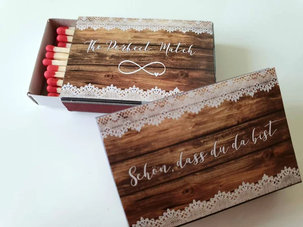 Matchboxes Wedding Souvenirs Isolated White Background Free Space Text — Stock Photo, Image