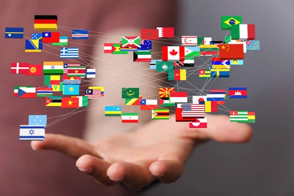 Una Persona Che Presenta Proiezione Virtuale Delle Bandiere Diversi Paesi — Foto Stock
