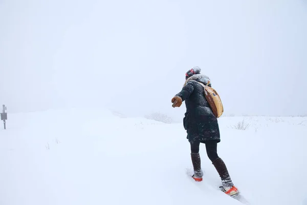 Een Vrouwelijke Bergbeklimmer Wandelend Een Besneeuwd Veld Tijdens Een Sneeuwval — Stockfoto