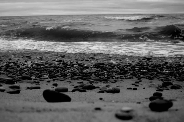 Een Zwart Wit Shot Van Een Oceaan Een Bewolkte Dag — Stockfoto