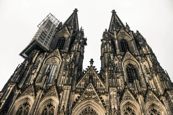 Shot Gothic Style Cologne Cathedral Front Construction Germany White Sky — Stock Photo, Image